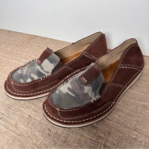 Brown Suede Loafers with Camouflage Fabric Canvas Accent 6.5